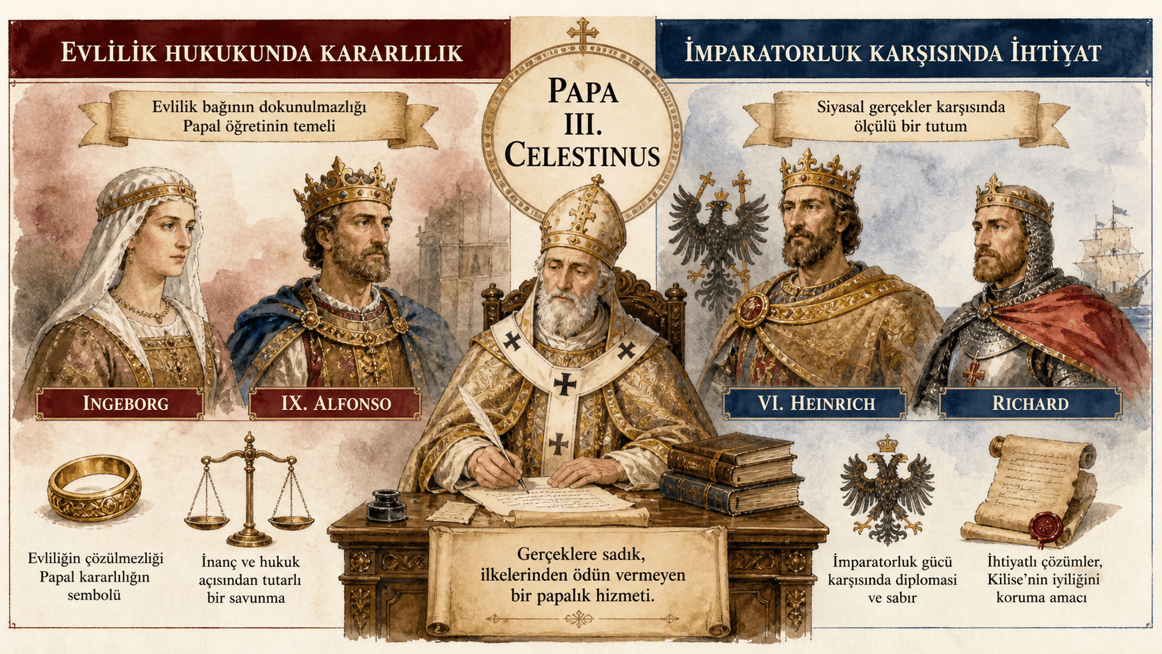 III. Celestinus’ün Hristiyan evliliği üzerindeki kararlılığı ile İmparator VI. Heinrich karşısındaki temkinliliğini karşılaştıran infografik.