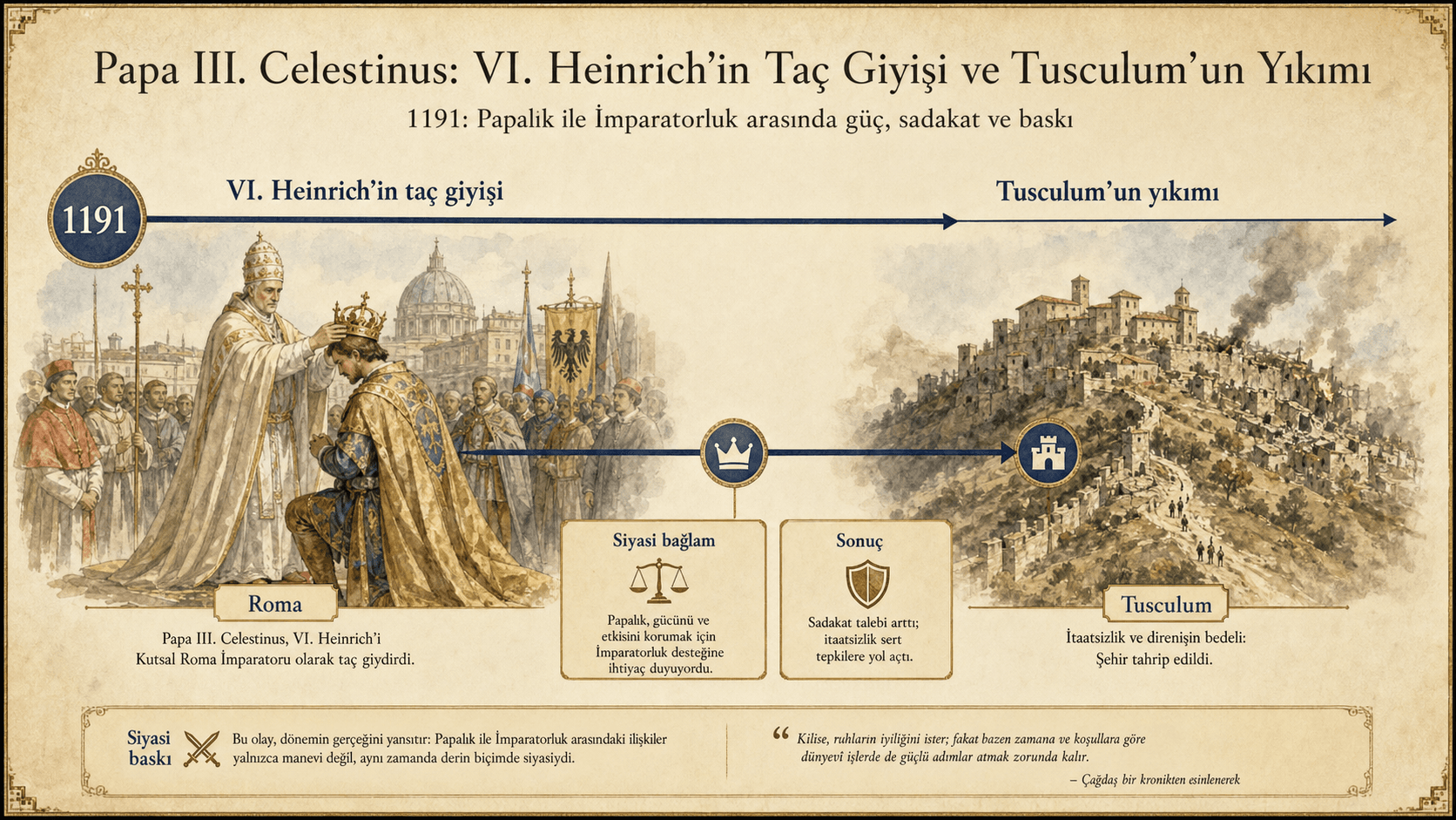 1191 Nisanı’na ait infografik şeridi: Celestinus III’ün takdisi, Heinrich VI ve Constance’ın taç giymesi, ardından Tusculum’un yıkılışı.