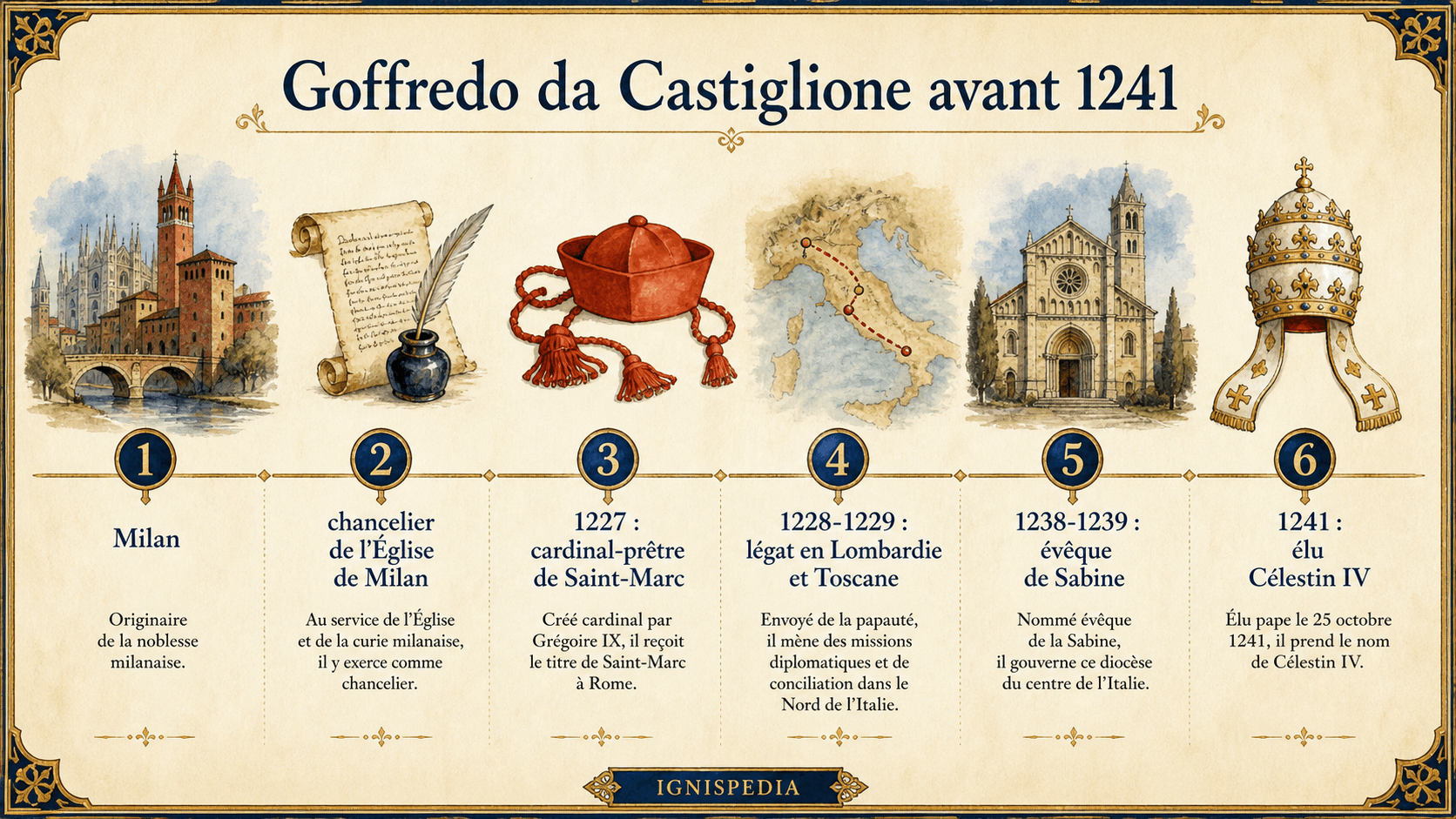 Frise illustrée de la carrière de Goffredo da Castiglione avant son élection comme Célestin IV.