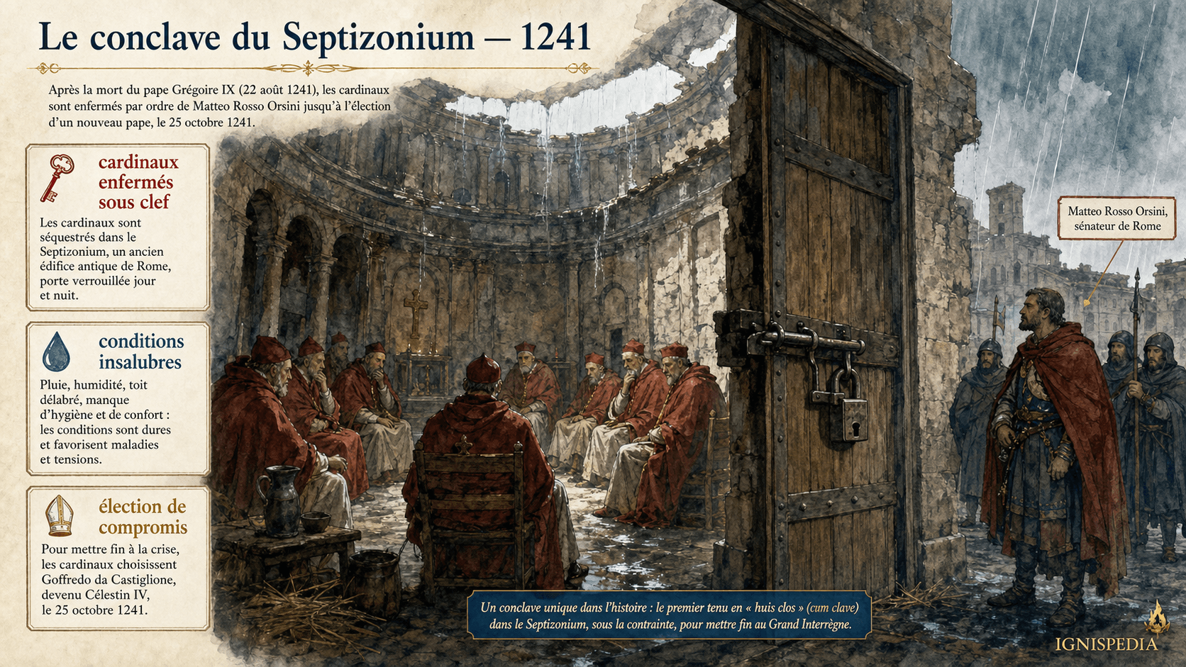 Scène infographique du conclave du Septizonium de 1241 avec cardinaux enfermés, gardes et bâtiment délabré.