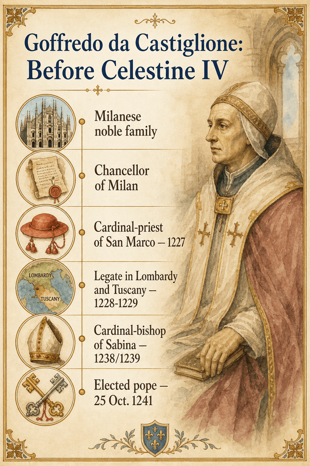 Illustrated timeline of Goffredo da Castiglione's career before his election as Celestine IV.