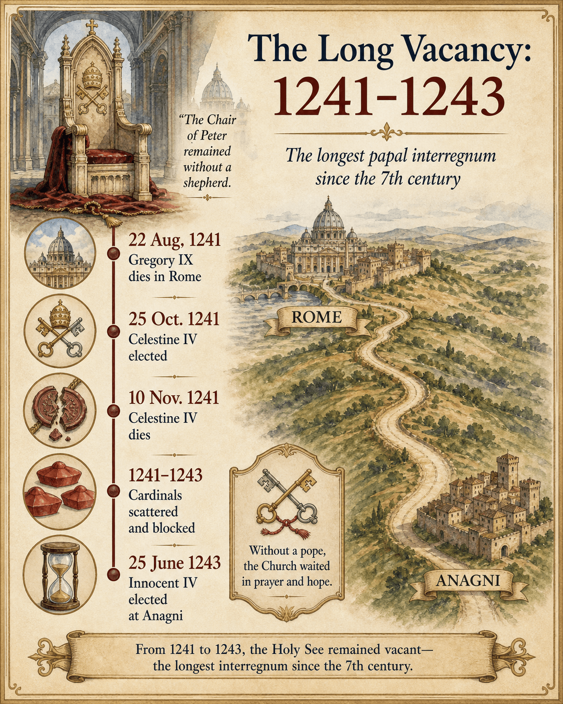 Infographic scene of the 1241 Septizonium conclave with locked-in cardinals, guards, and a dilapidated building.