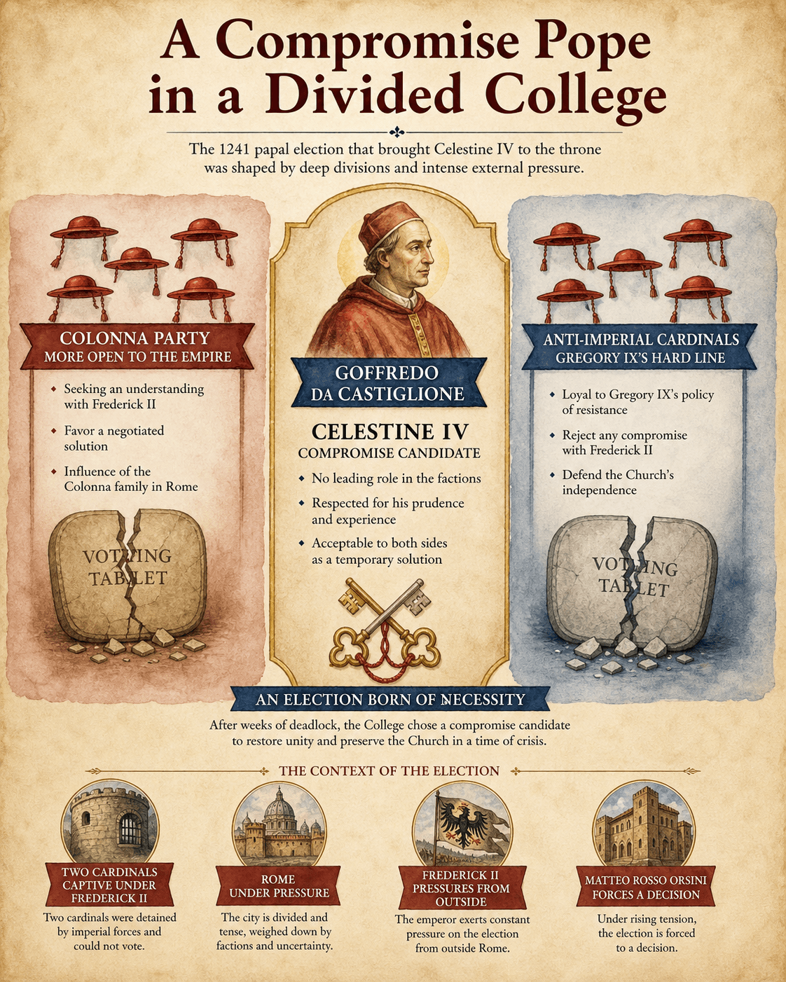 Diagram of the factions in the 1241 conclave: Colonna party, anti-imperials, and the compromise candidate Goffredo da Castiglione.