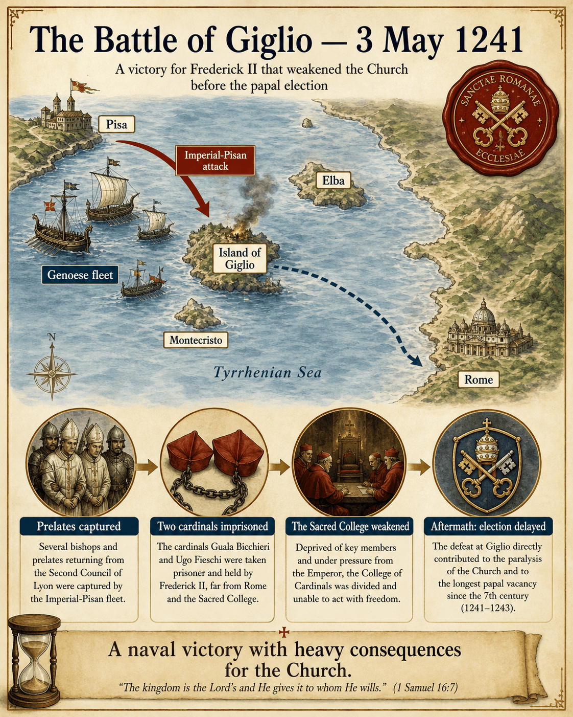 Chronological infographic of the vacant see from 1241 to 1243 between Gregory IX, Celestine IV, and Innocent IV.