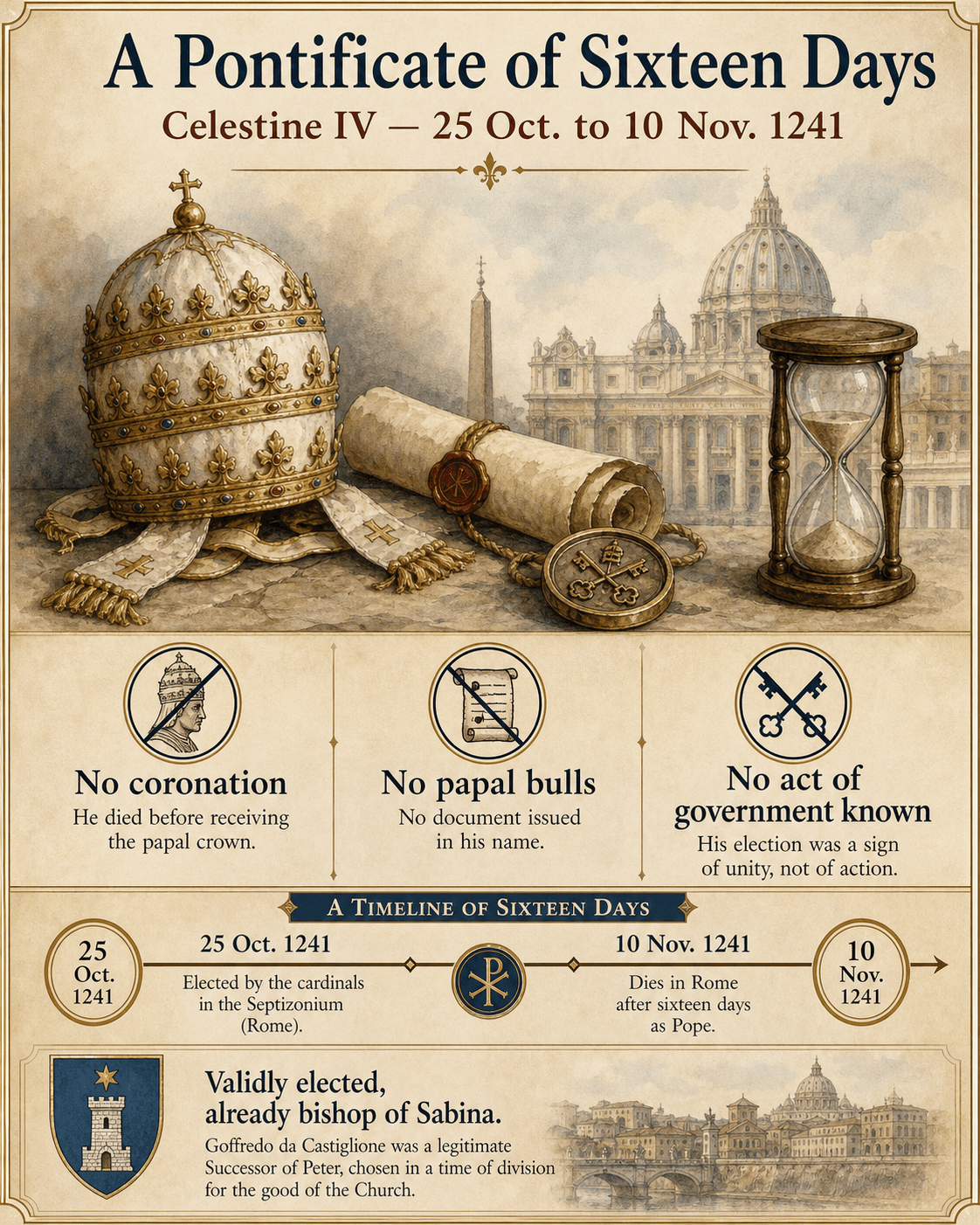 Infographic on Celestine IV's sixteen-day pontificate, without pallium, coronation, or bull.