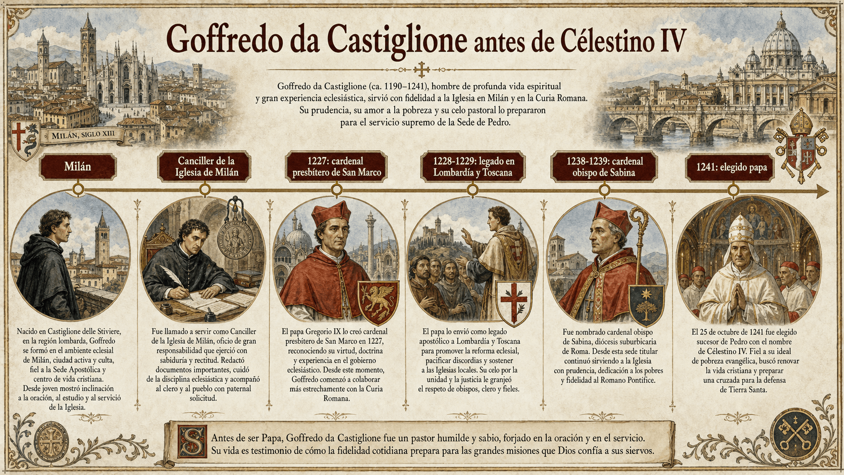Friso ilustrado de la carrera de Goffredo da Castiglione antes de su elección como Célestino IV.