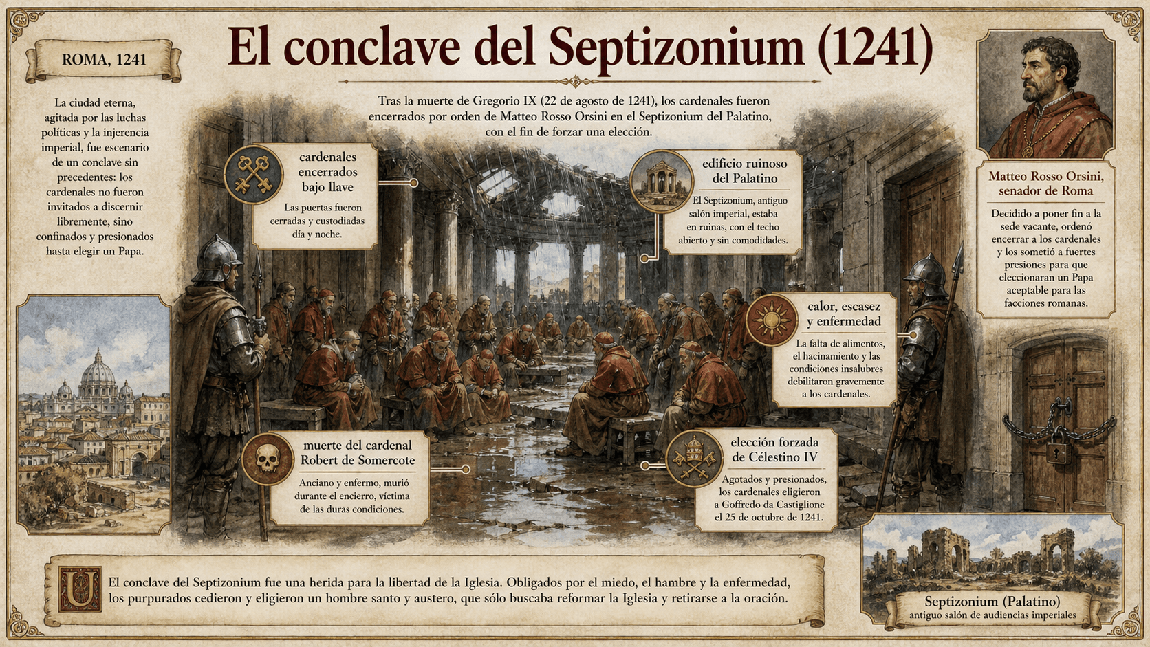 Escena infográfica del cónclave Septizonium de 1241 con cardenales encerrados, guardias y edificio en ruinas.