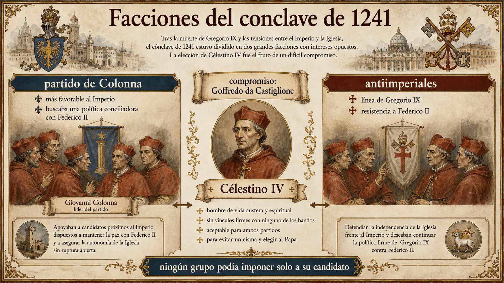 Diagrama de las facciones del cónclave de 1241: partido de Colonna, antiimperiales y compromiso Goffredo da Castiglione.