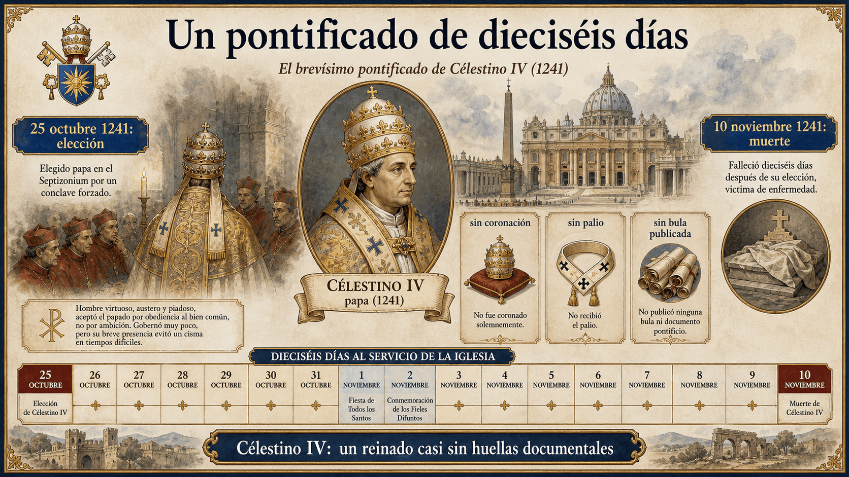 Infografía sobre el pontificado de dieciséis días de Célestino IV, sin palio, coronación ni bula.