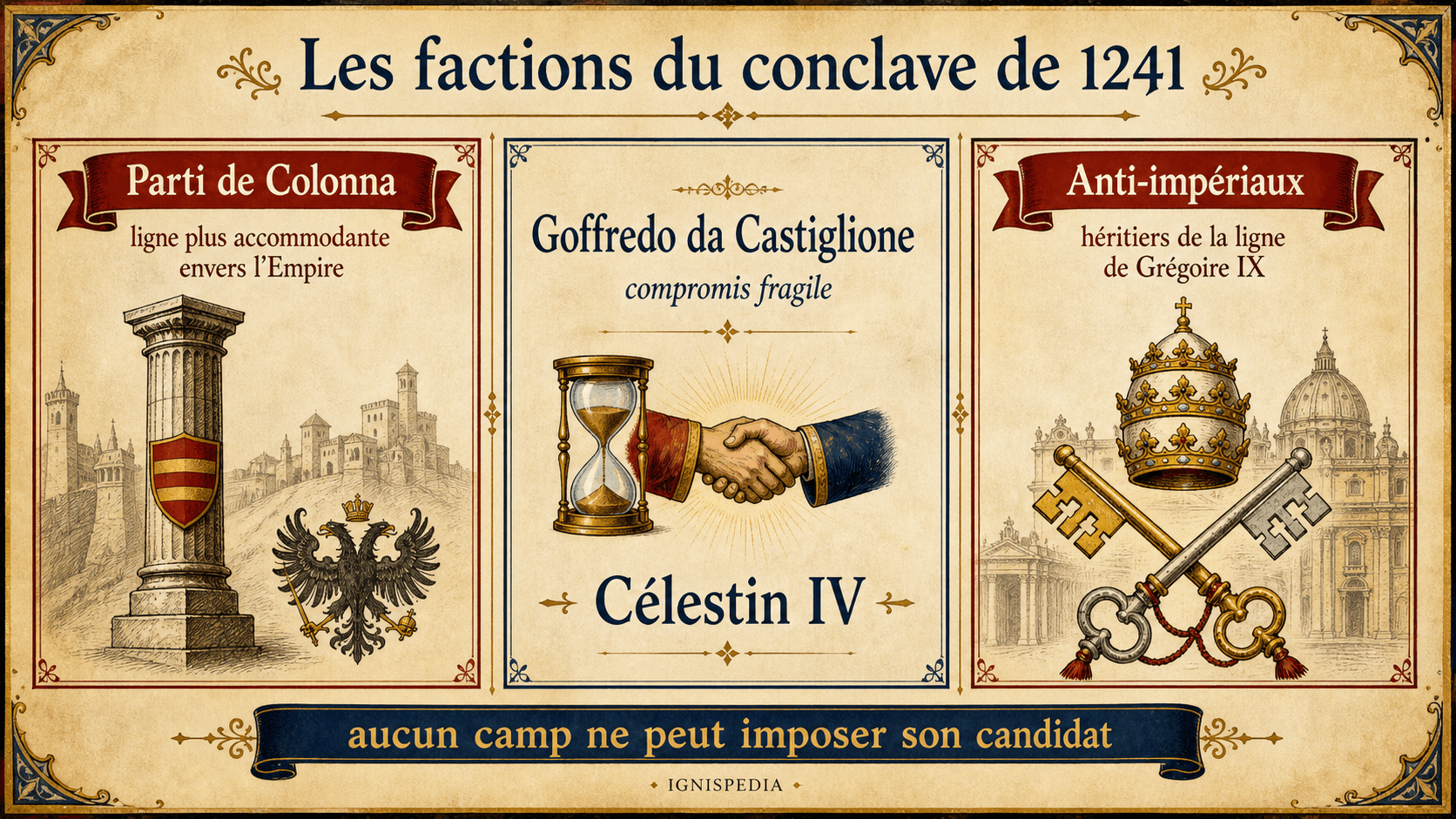 Schéma des factions du conclave de 1241 : parti de Colonna, anti-impériaux et compromis Goffredo da Castiglione.