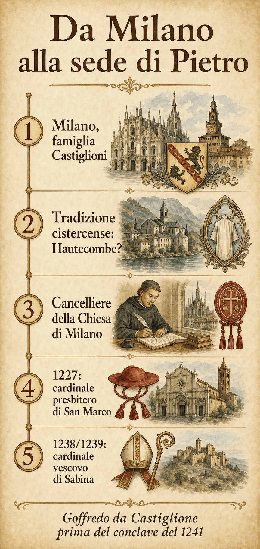 Frise illustrata della carriera di Goffredo da Castiglione prima della sua elezione come Celestino IV.