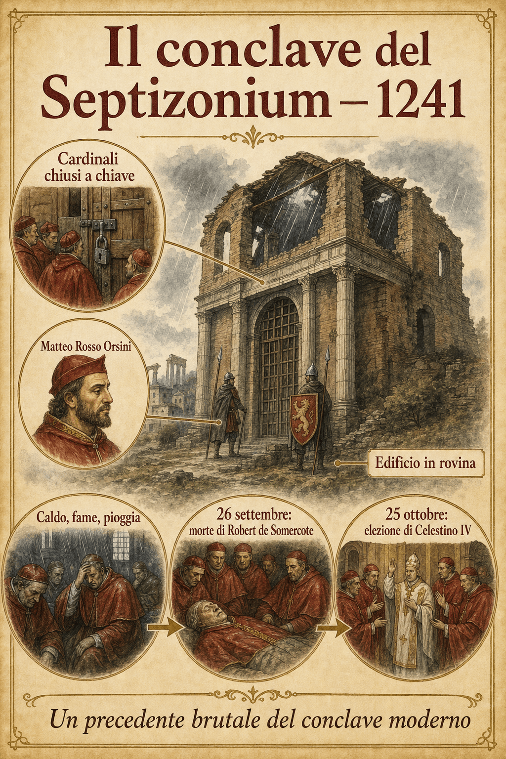 Scena infografica del conclave del Septizonium del 1241, con cardinali rinchiusi, guardie ed edificio in rovina.