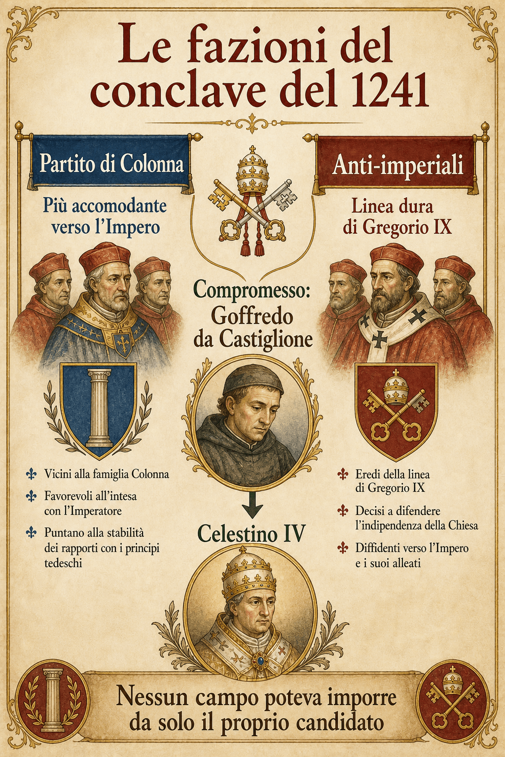 Schema delle fazioni del conclave del 1241: partito di Colonna, anti-imperiali e compromesso Goffredo da Castiglione.