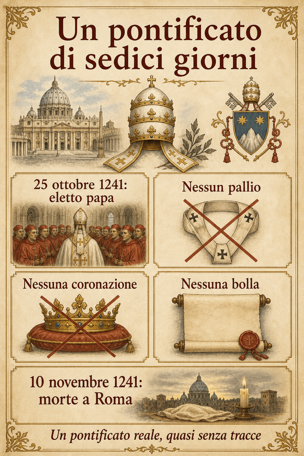 Infografia sul pontificato di sedici giorni di Celestino IV, senza pallio, coronazione ne bolla.