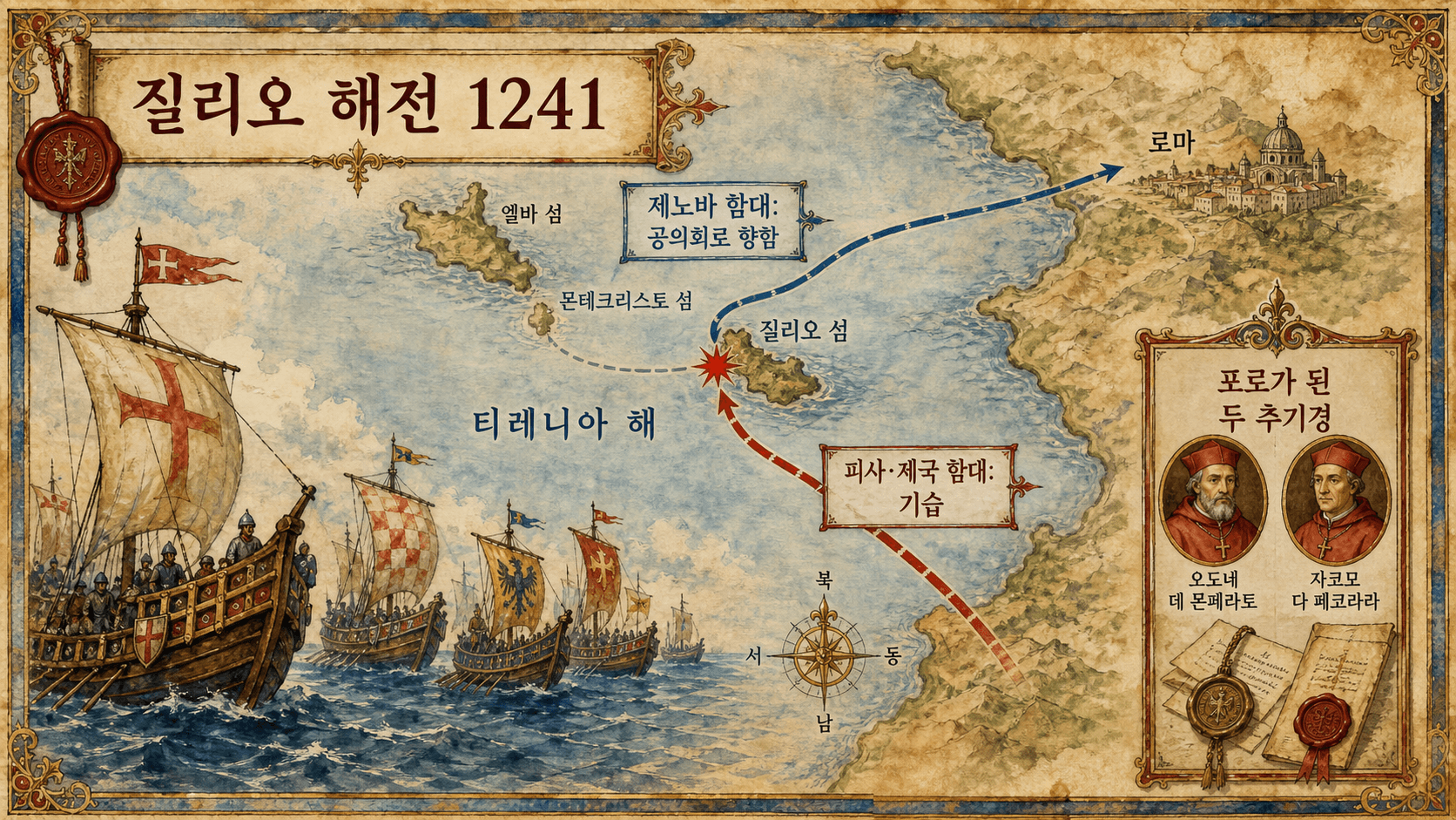 1241년 5월 3일 질리오 해전을 설명하는 한국어 지도형 인포그래픽.