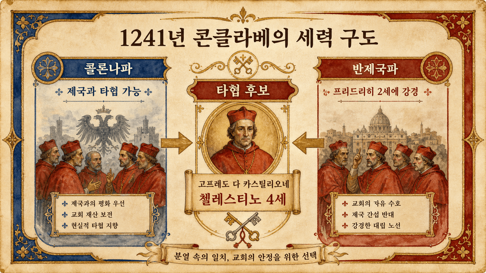 1241년 콘클라베의 세력 구도, 콜론나파, 반제국파, 타협 후보 고프레도 다 카스틸리오네를 보여 주는 한국어 도표.