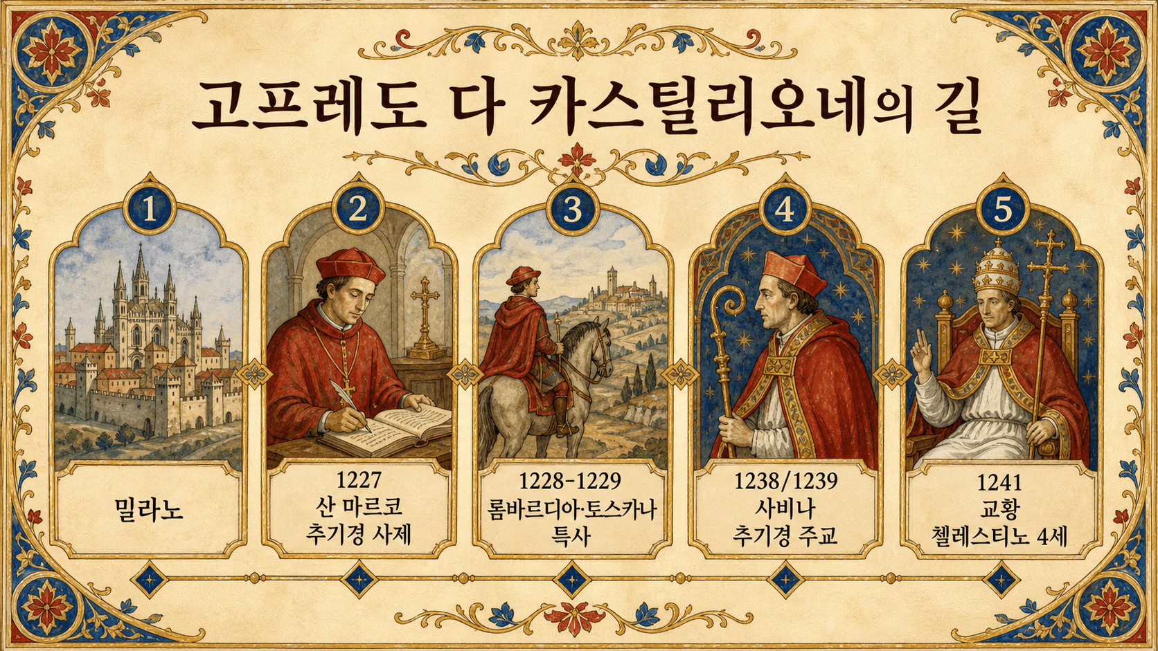 첼레스티노 4세로 선출되기 전 고프레도 다 카스틸리오네의 경력을 보여 주는 한국어 일러스트 연표.