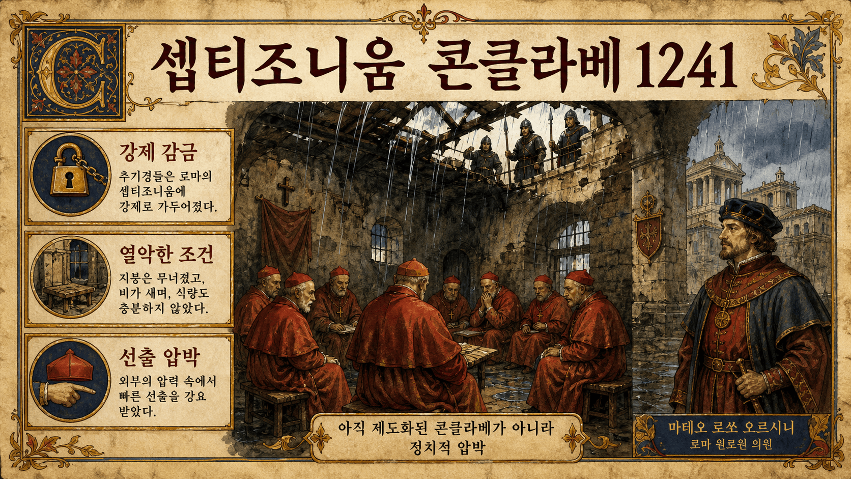감금된 추기경들, 경비병, 낡은 건물을 보여 주는 1241년 셉티조니움 콘클라베 한국어 인포그래픽.
