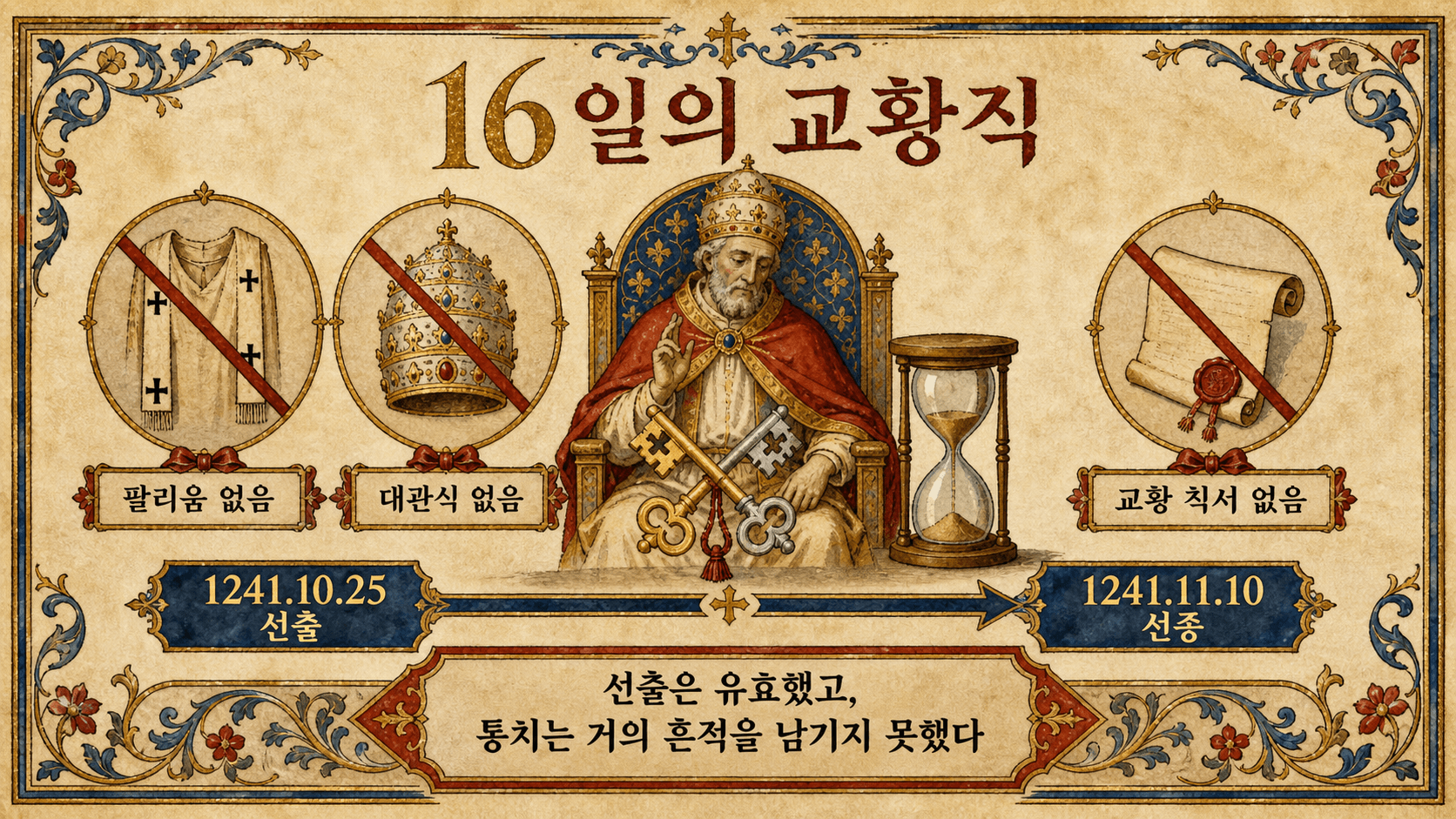 팔리움, 대관식, 교황 칙서 없이 끝난 첼레스티노 4세의 16일 교황직을 보여 주는 한국어 인포그래픽.