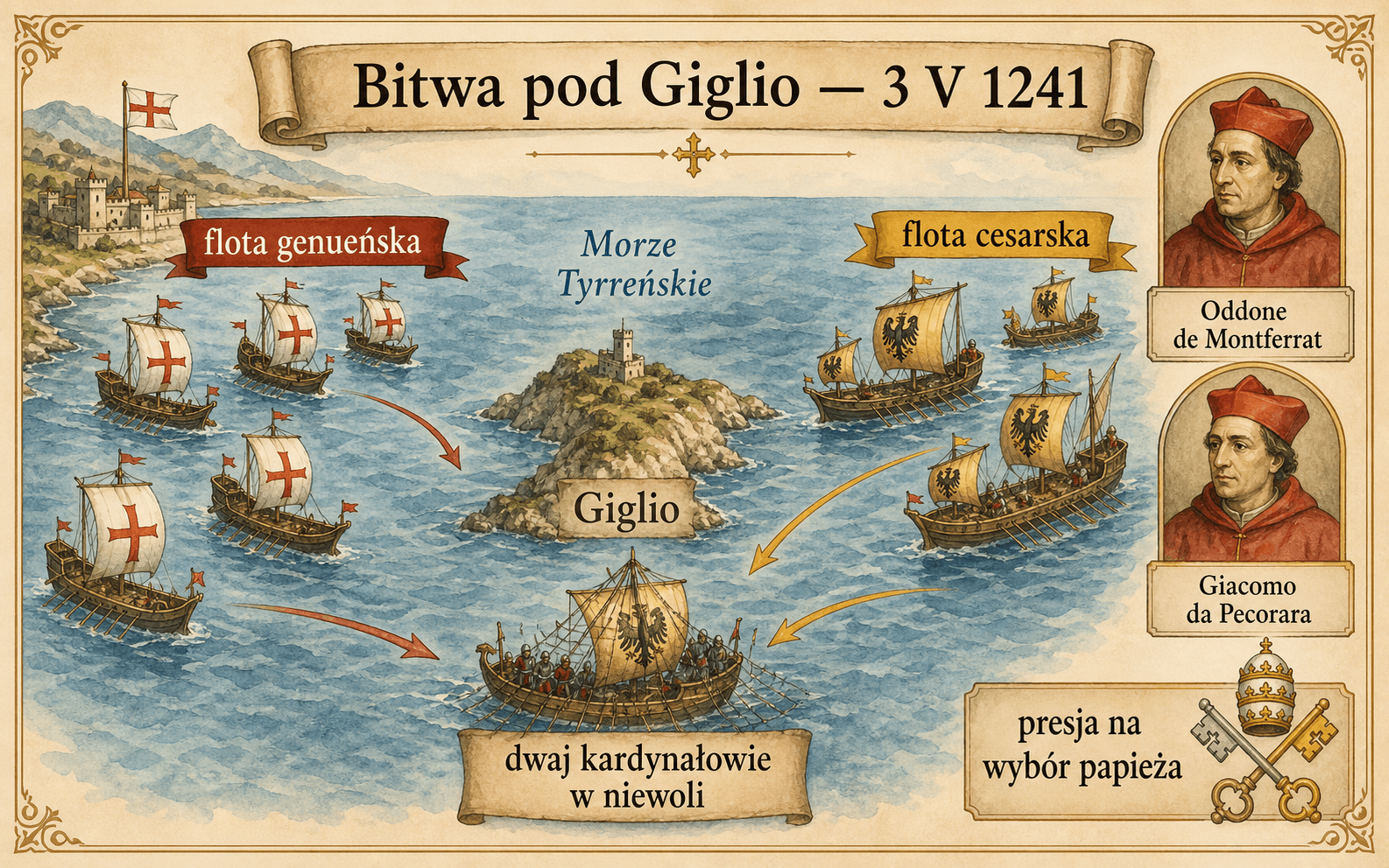 Infograficzna mapa bitwy morskiej pod Giglio, która miała miejsce 3 maja 1241 roku.