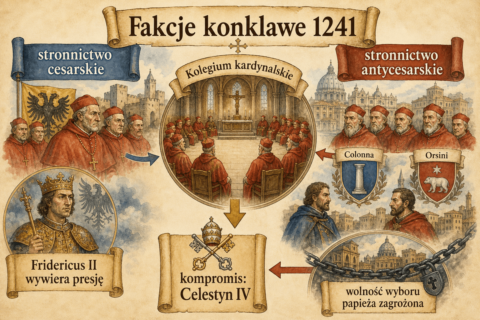 Schemat frakcji konklawe z 1241 r.: partia Colonna, antyimperializm i kompromis Goffredo da Castiglione.