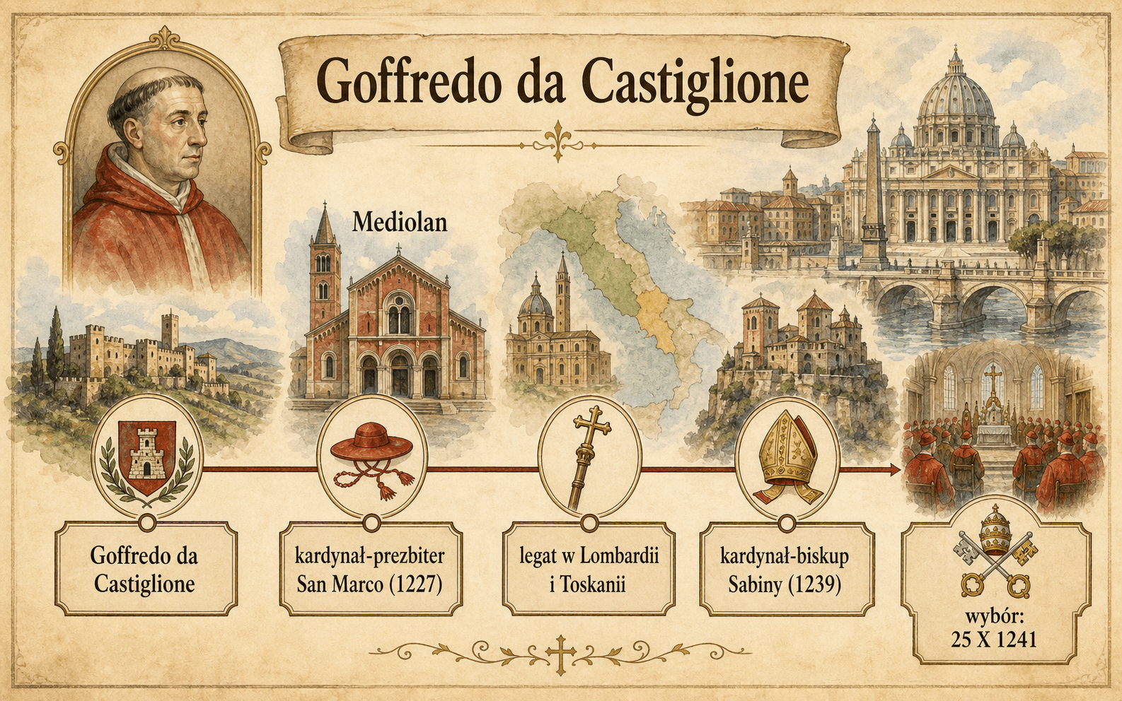 Ilustrowany fryz przedstawiający karierę Goffredo da Castiglione przed jego wyborem na Celestyna IV.