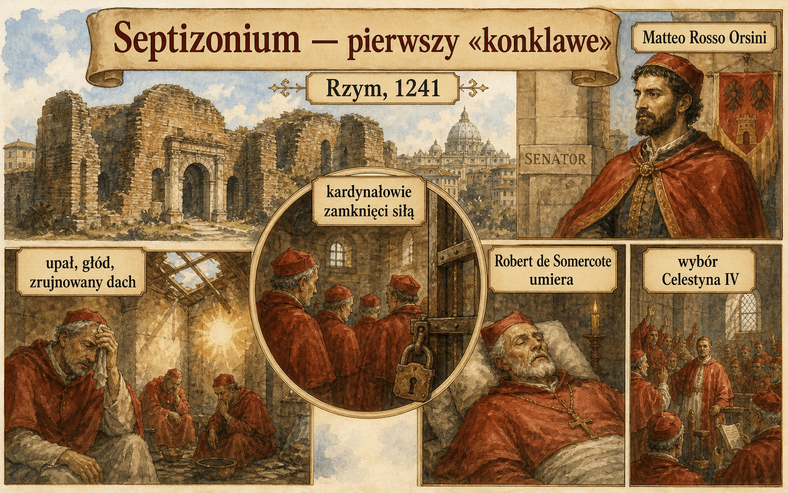 Infograficzna scena konklawe Septizonium z 1241 r. z zamkniętymi kardynałami, strażnikami i zniszczonym budynkiem.