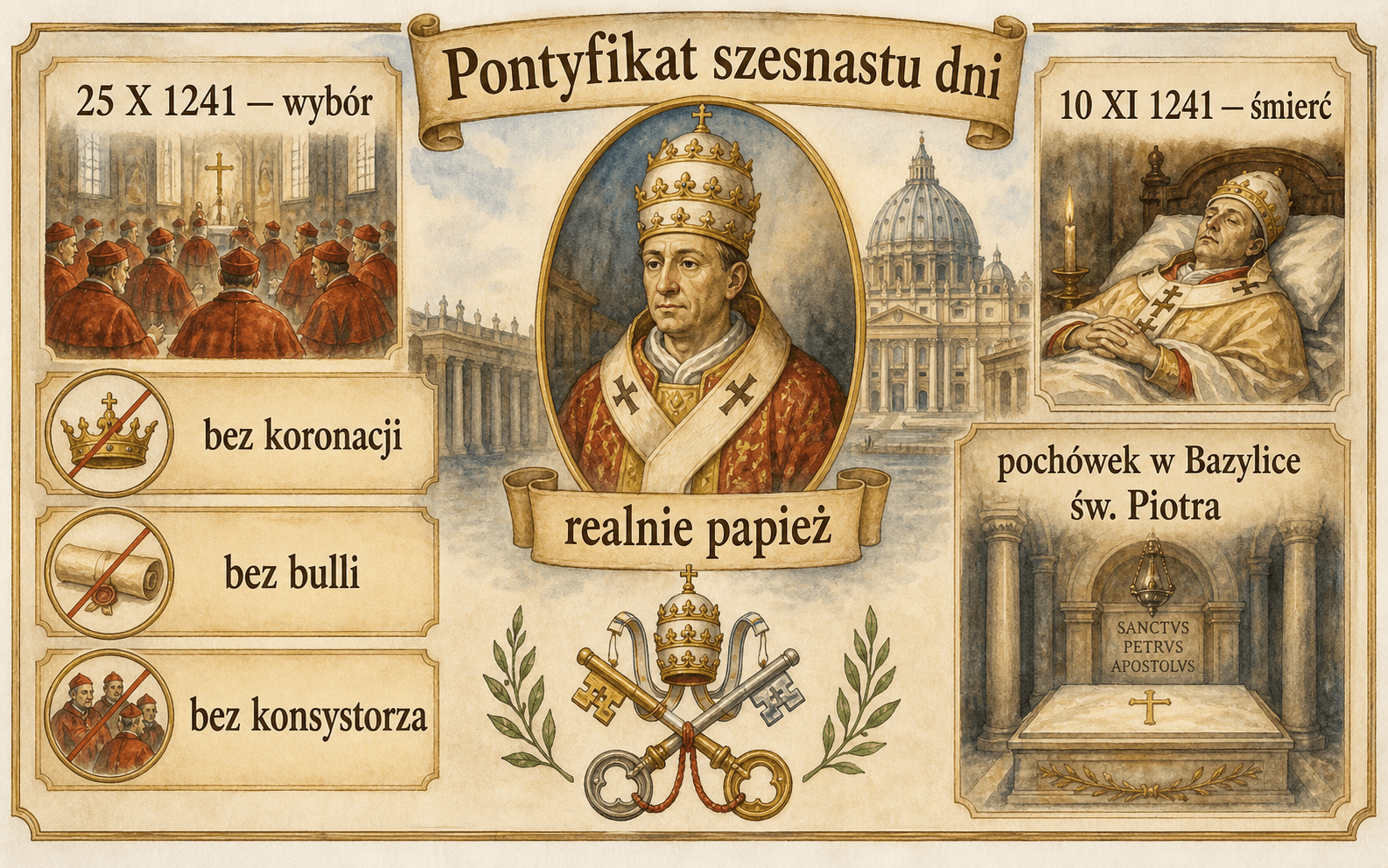 Infografika przedstawiająca szesnastodniowy pontyfikat Celestyna IV bez paliusza, koronacji i bulli.