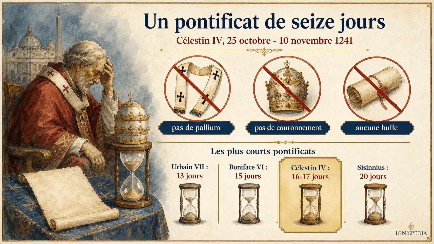 Infographie sur le pontificat de seize jours de Célestin IV, sans pallium, couronnement ni bulle.