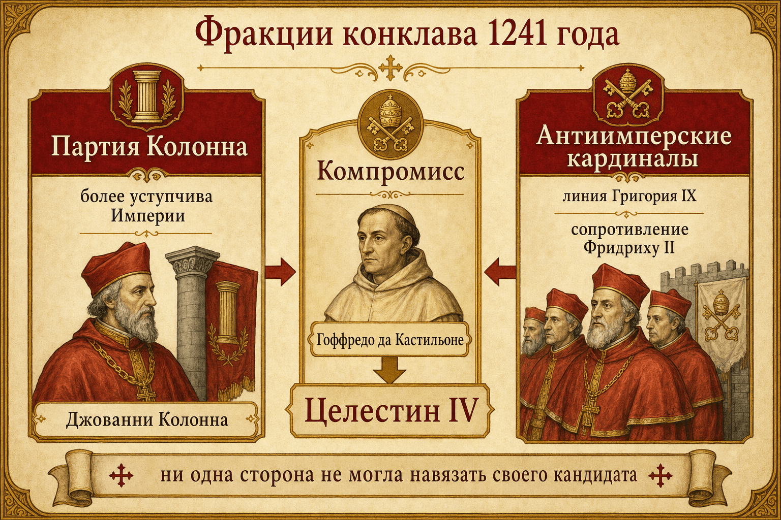 Схема фракций конклава 1241 года: партия Колонны, антиимперцы и компромисс Гоффредо да Кастильоне.