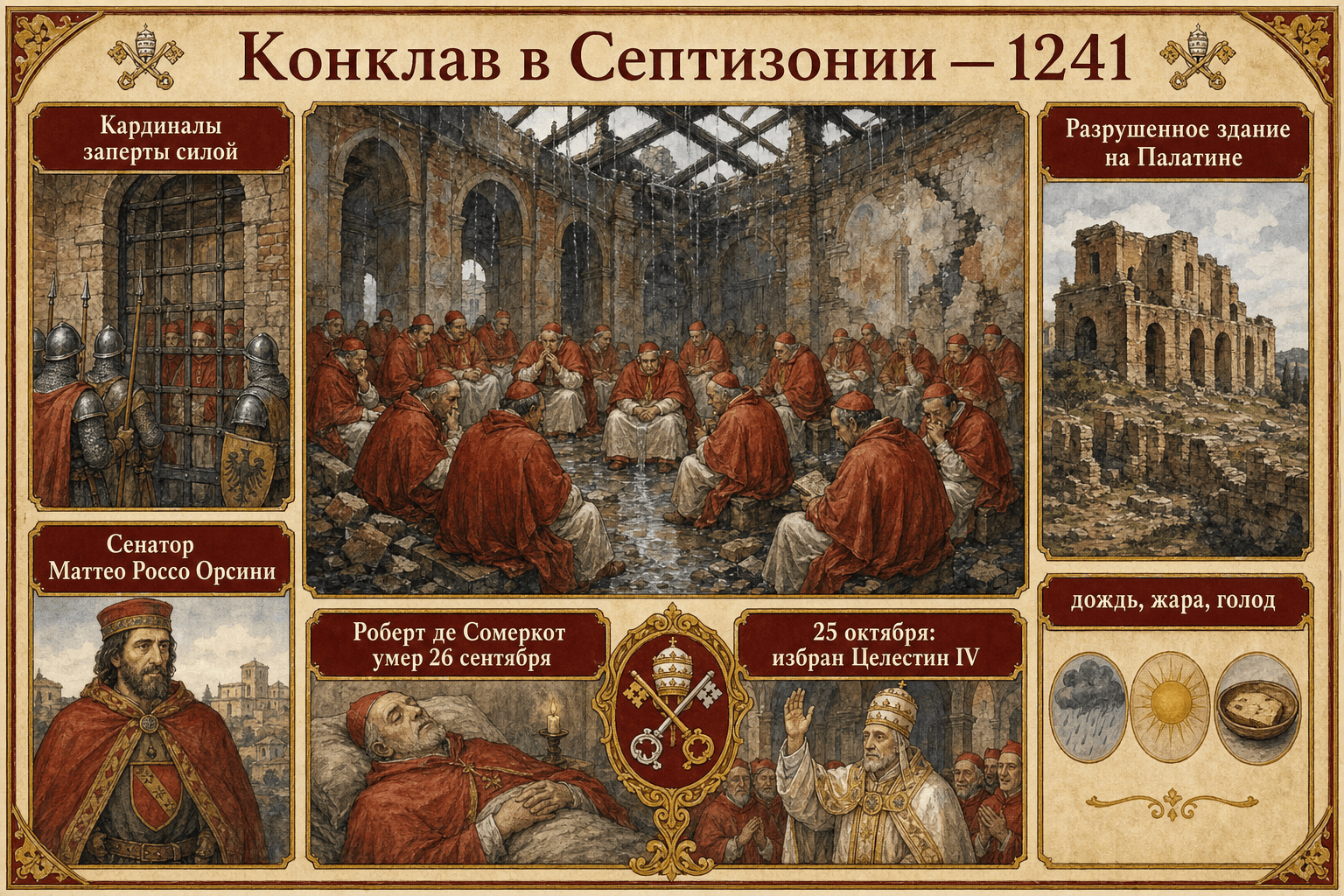 Инфографическая сцена конклава Септизония 1241 года с запертыми кардиналами, стражей и полуразрушенным зданием.