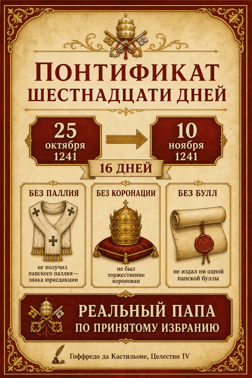 Инфографика о шестнадцатидневном понтификате Целестина IV без мантии, коронации и буллы.