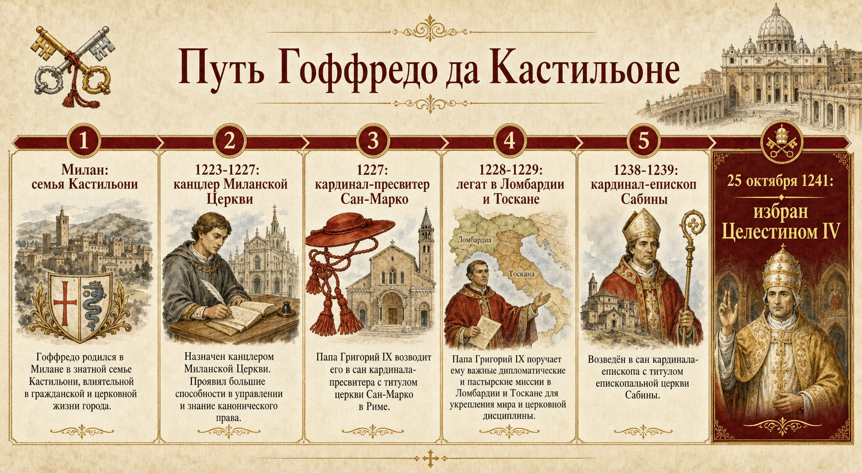 Иллюстрированный фриз, изображающий карьеру Гоффредо да Кастильоне до его избрания Целестином IV.
