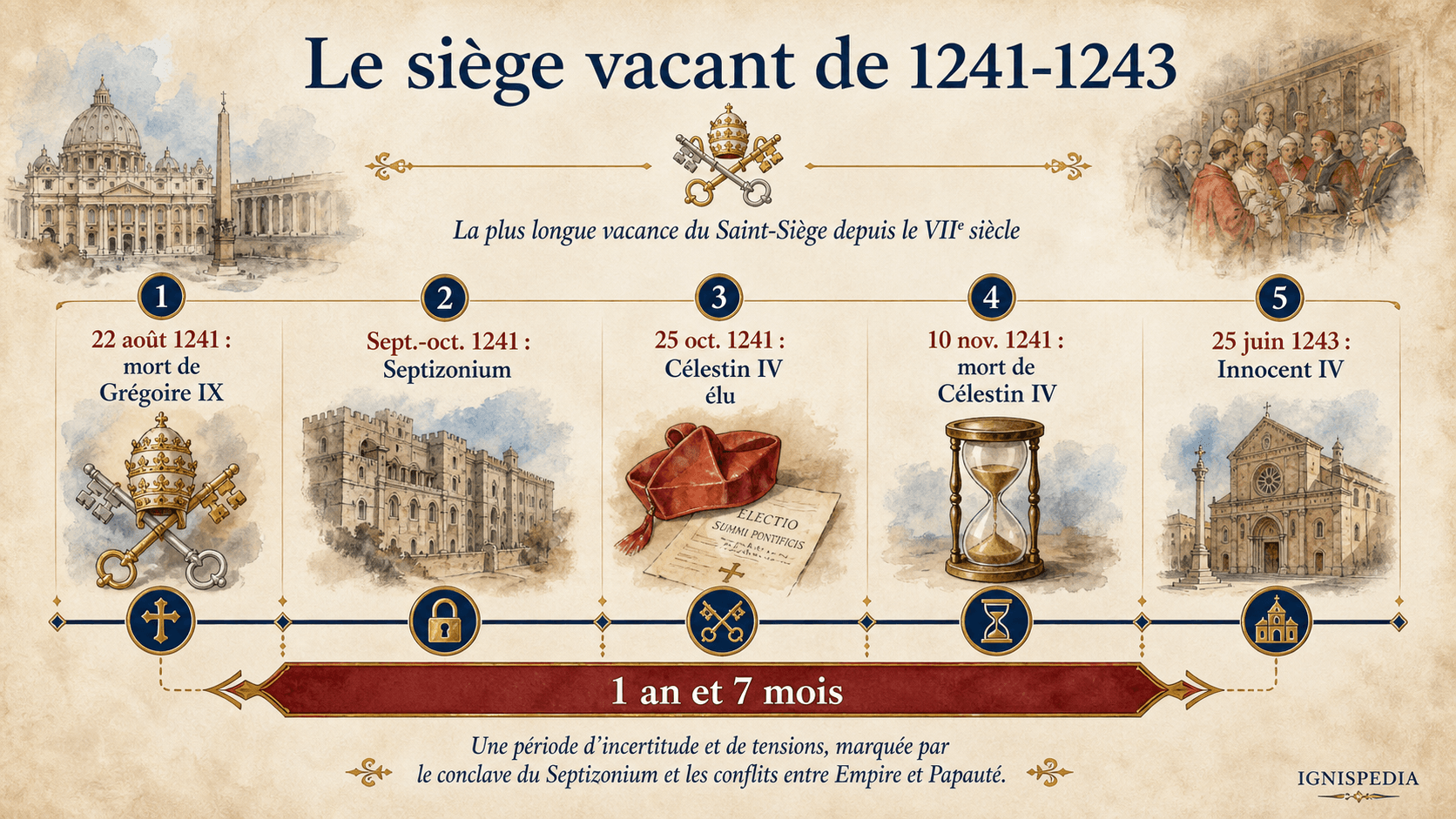 Frise chronologique du siège vacant de 1241 à 1243 entre Grégoire IX, Célestin IV et Innocent IV.