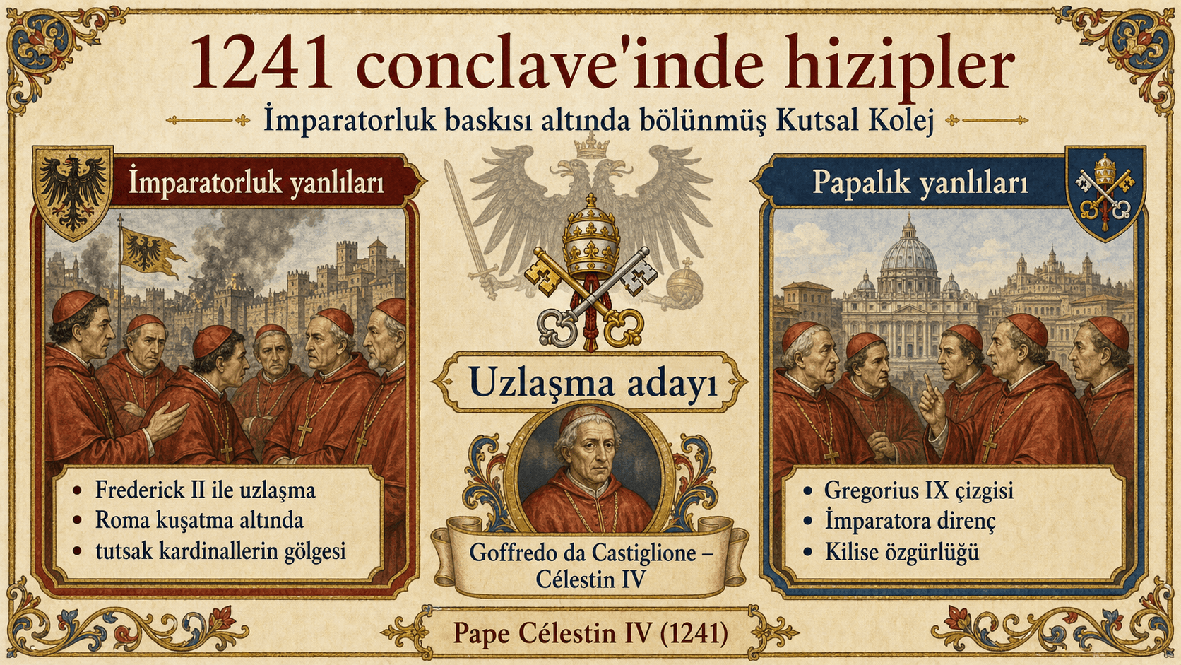 1241 conclave'indeki hiziplerin şeması: Colonna partisi, imparatorluk karşıtları ve uzlaşma adayı Goffredo da Castiglione.