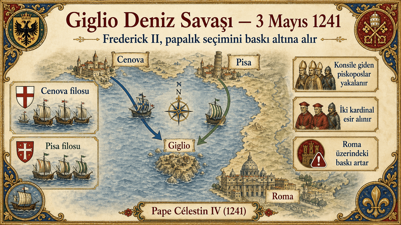 3 Mayıs 1241'deki Giglio deniz savaşının infografik haritası.