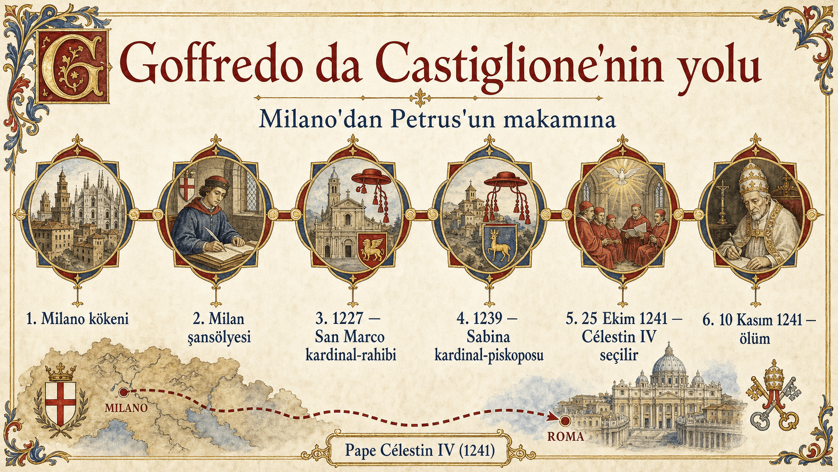 Goffredo da Castiglione'nin IV. Célestin seçilmesinden önceki kariyerini gösteren resimli friz.