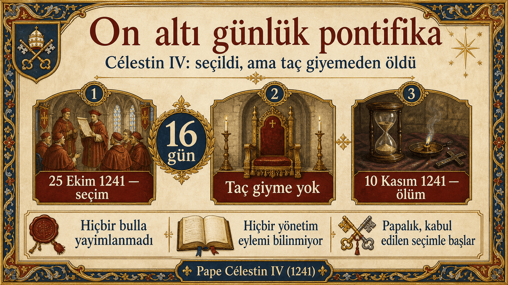 IV. Célestin'in on altı günlük papazlığına ilişkin infografik, palyum, taç giyme töreni veya bulla olmadan.