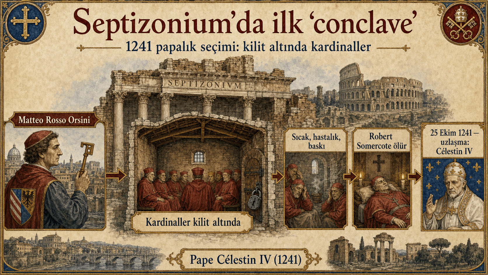 Kilit altında tutulan kardinaller, muhafızlar ve harap bina ile 1241 Septizonium conclave'inin infografik sahnesi.