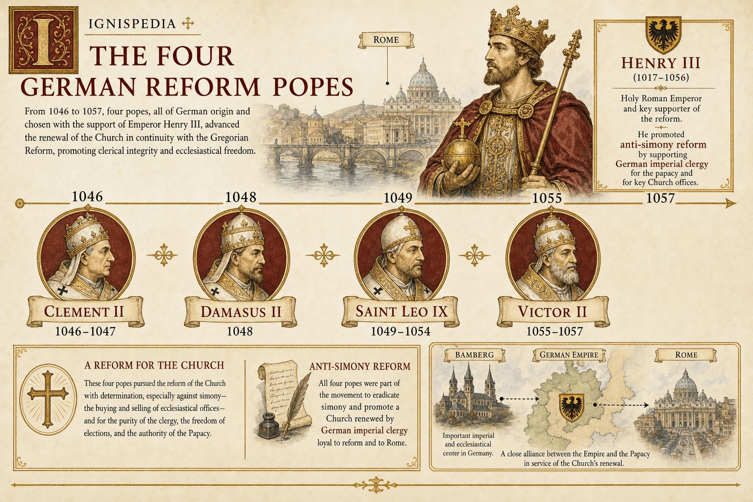 Timeline infographic of the four German reform popes supported by Henry III: Clement II, Damasus II, Saint Leo IX, and Victor II