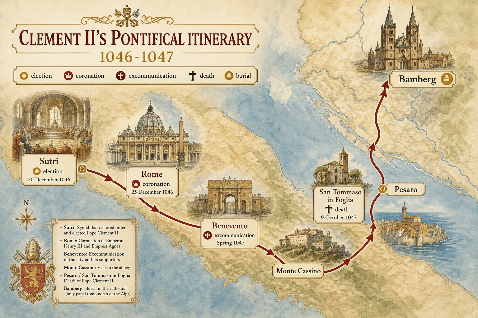 Map of Clement II's pontifical itinerary between Sutri, Rome, Benevento, Pesaro, and Bamberg