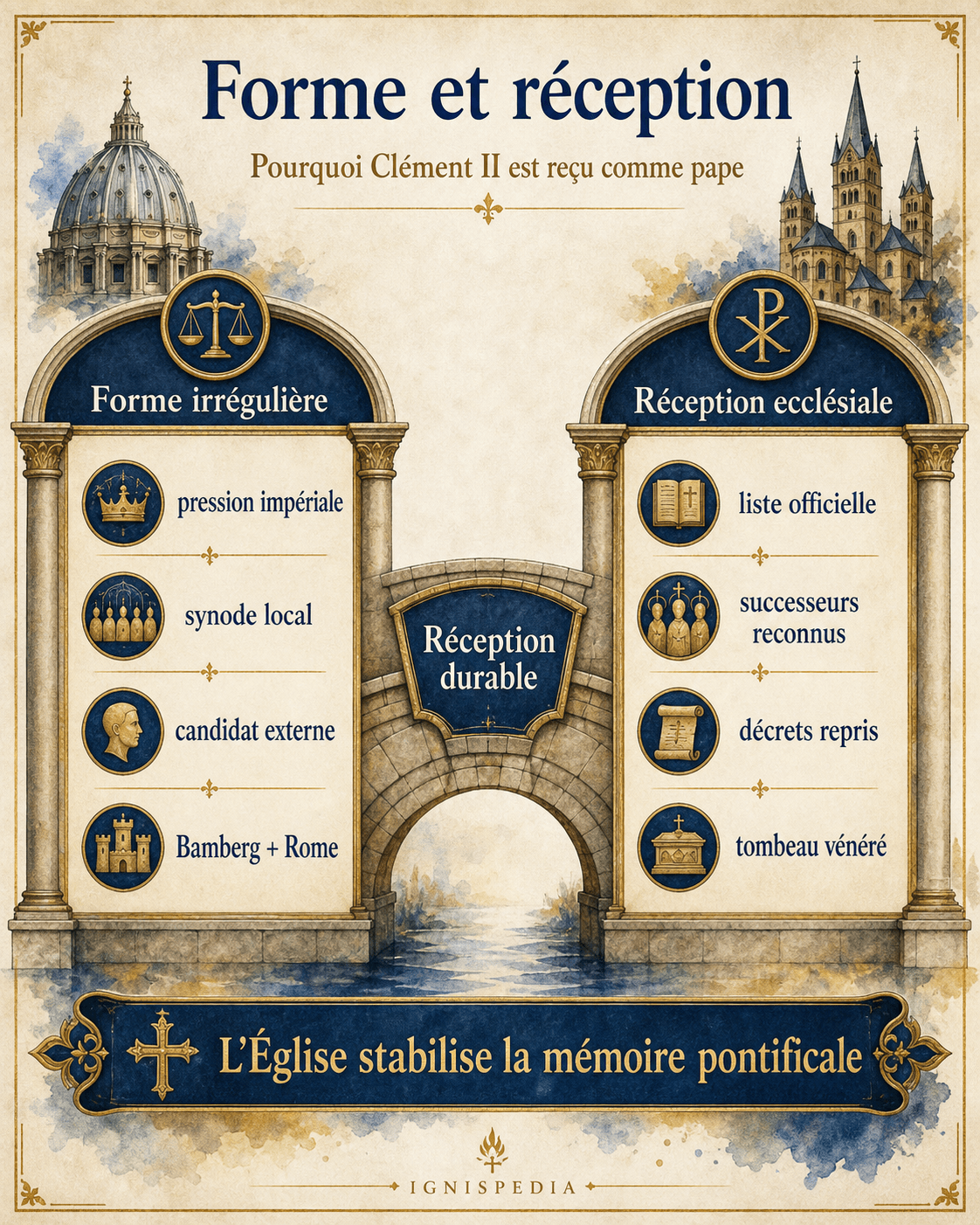 Infographie distinguant la forme irrégulière de l'élection de Clément II et sa réception ecclésiale durable
