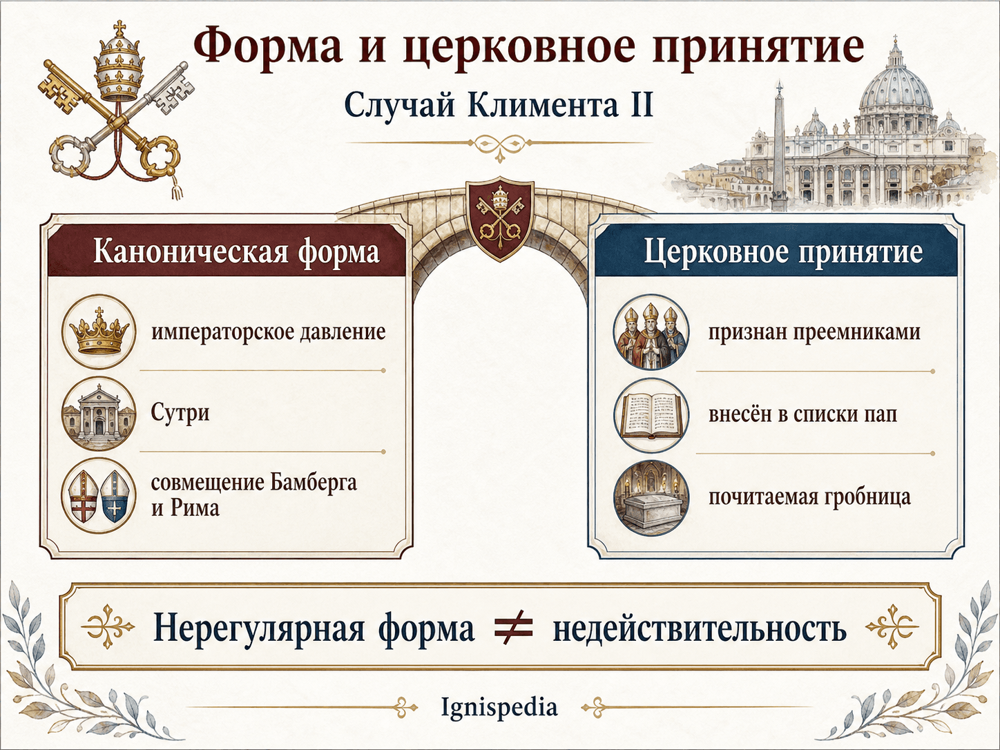 Инфографика, различающая нерегулярную форму избрания Климента II и его устойчивое церковное восприятие