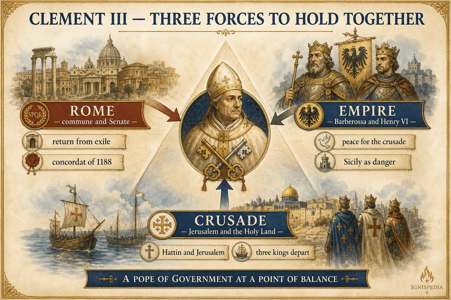 Infographic of the three forces weighing on the papacy of Clement III: Rome, the Empire, and the Crusade