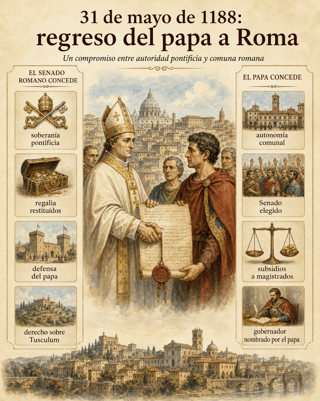 Infografía del concordato romano de 1188: lo que el Senado y el papa se conceden recíprocamente