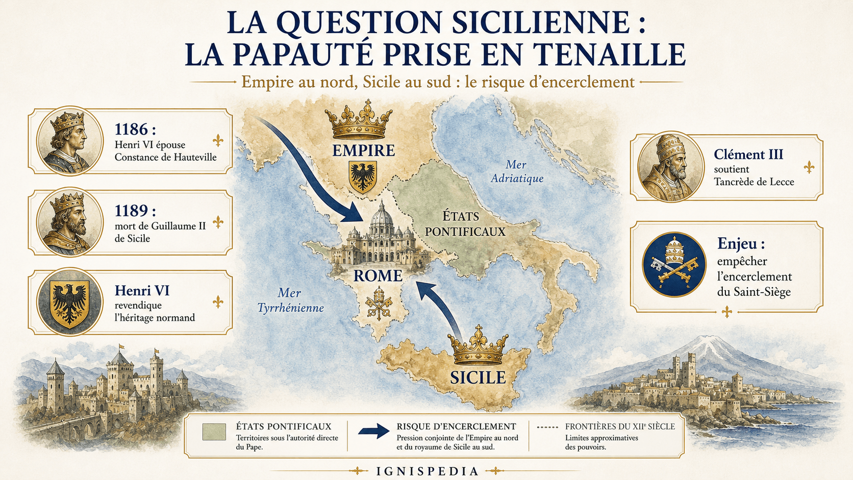 Carte infographique de la question sicilienne : Empire au nord, Sicile au sud, Rome prise en tenaille