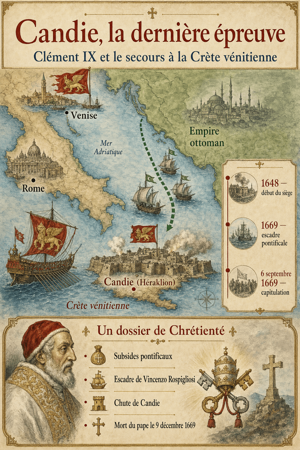 Carte du siège de Candie en Crète et de l'effort de secours pontifical sous Clément IX