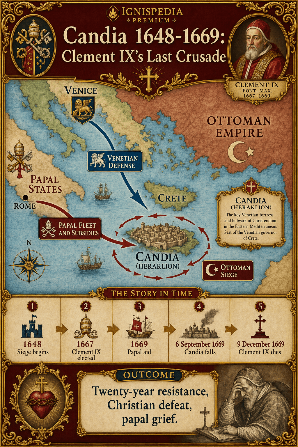 Map of the Siege of Candia in Crete and of papal relief efforts under Clement IX