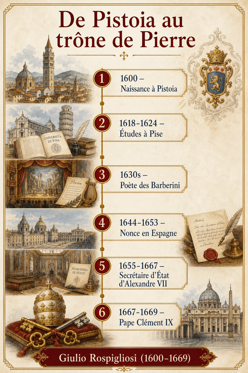 Infographie chronologique de la carrière de Giulio Rospigliosi, de sa naissance à Pistoia en 1600 à sa mort comme pape en 1669