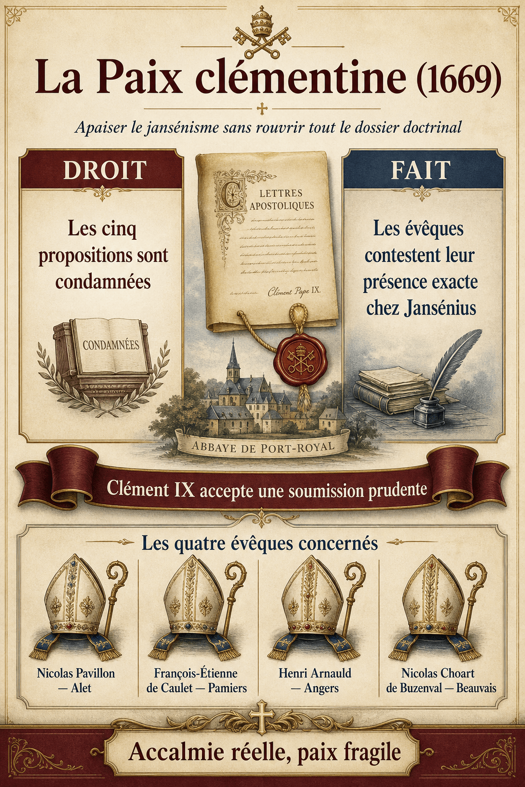 Infographie expliquant la Paix clémentine de 1669, la distinction du droit et du fait et les quatre évêques français concernés